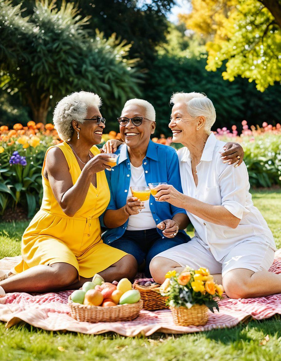 A warm, inviting scene featuring two senior LGBTQ+ couples enjoying a romantic picnic in a lush park, surrounded by vibrant flowers and soft sunlight. Intimate gestures like holding hands and sharing laughter should be highlighted, capturing the essence of connection and love. Incorporate elements that symbolize diversity and inclusivity, such as rainbow-themed decor. super-realistic. vibrant colors. soft focus.