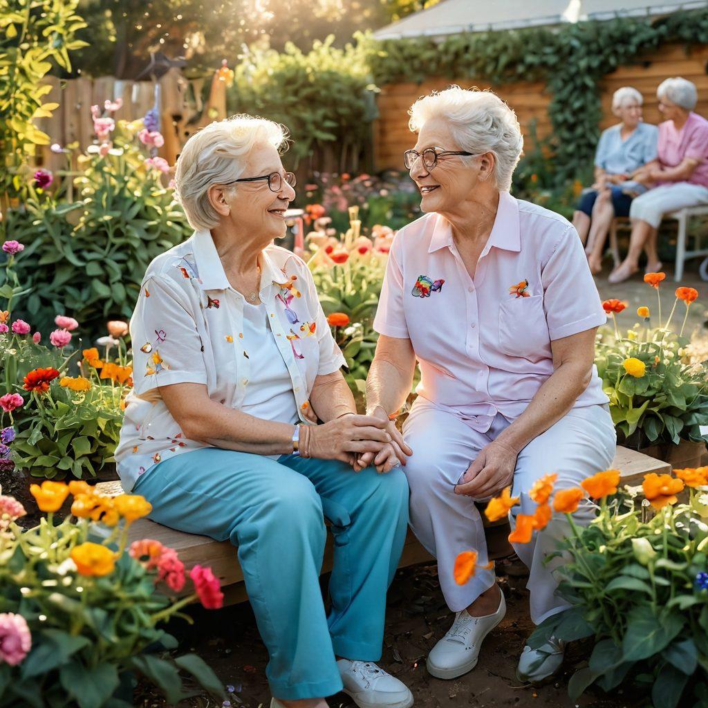 A heartwarming scene showcasing an elderly LGBTQ+ couple sitting together in a vibrant community garden, surrounded by colorful flowers and supportive friends engaging in various activities like painting and dancing. The sun sets in the background, symbolizing hope and connection. Soft pastel colors, illustrating love and unity, with whimsical elements like butterflies fluttering around. vibrant colors. soft focus.