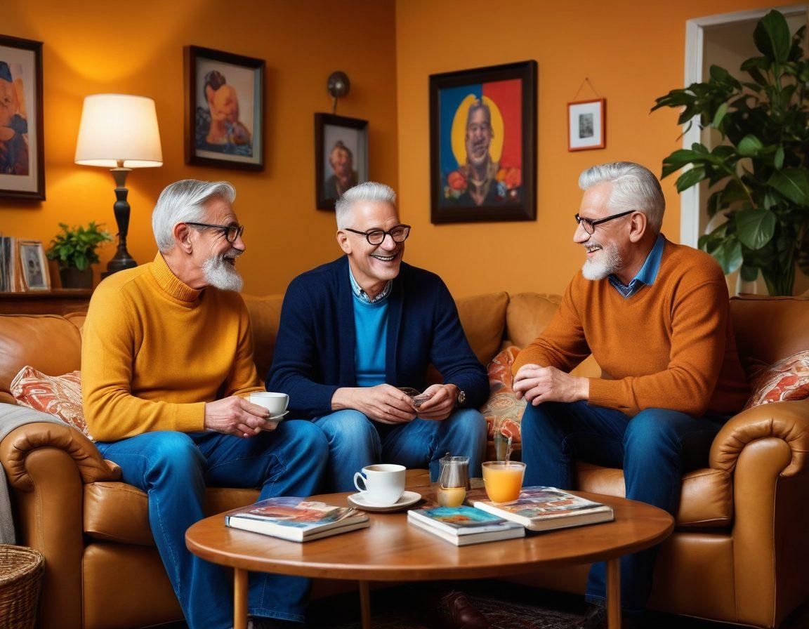 A warm and inviting scene depicting three senior queer men sharing a heartfelt moment in a cozy living room, surrounded by colorful decor, laughter, and intimacy. Include elements like vibrant art on the walls, soft lighting, and personal objects that signify connection, such as shared books and framed photos. The men should be engaging in a lighthearted conversation while enjoying a cup of tea. super-realistic. vibrant colors. cozy atmosphere.